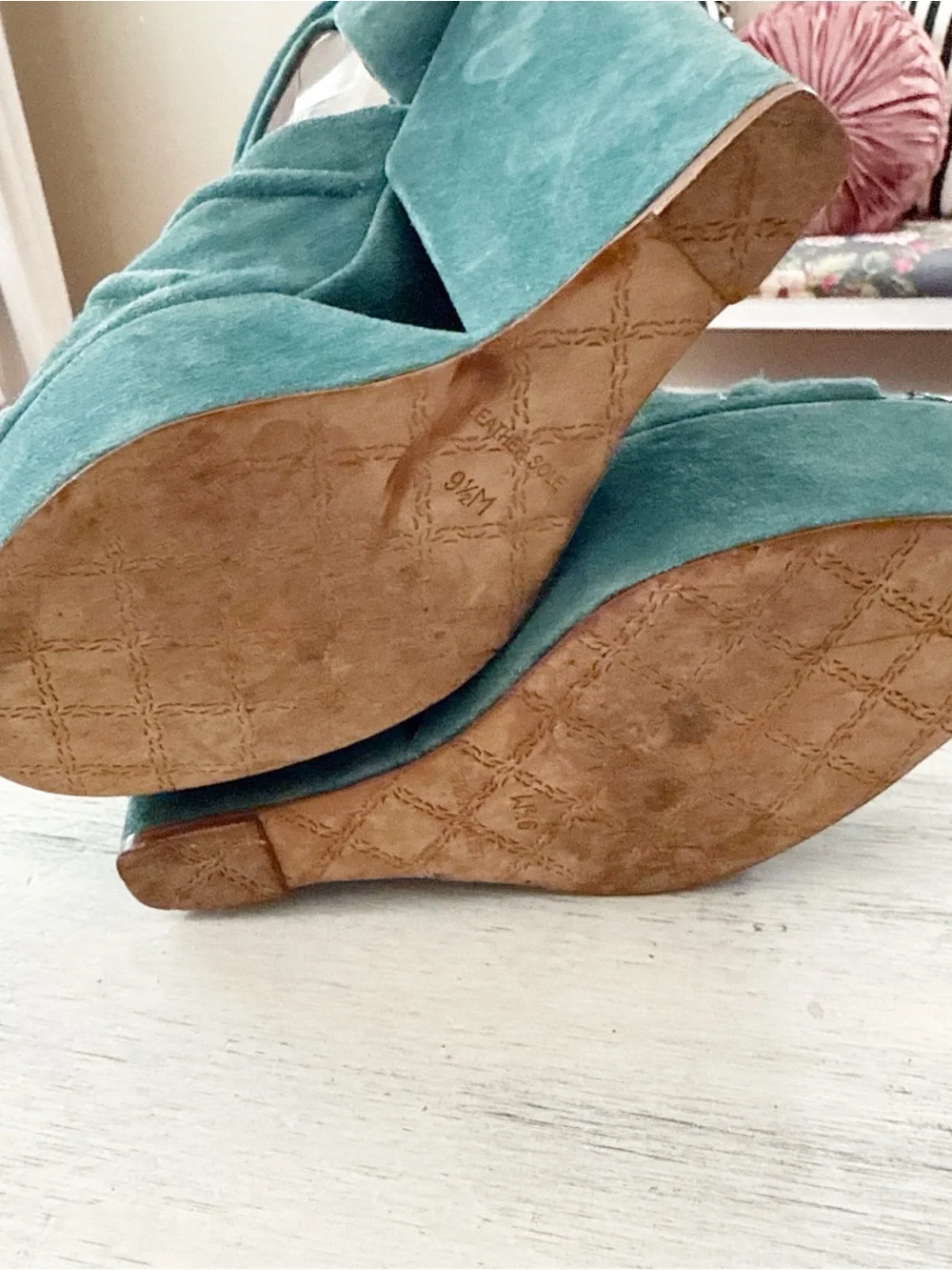 L.A.M.B. Teal Suede Platform Wedge Sandals with Ankle Buckle size 9.5M
